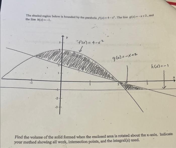 The shaded region below is bounded by the parabola f(x)=4-x². The line g(x)=-x+2, and
the line h(x)=-1.
1
-2-
-3
flx)=4-x²
9(x)=-x+2
h(x) = -1
+
Find the volume of the solid formed when the enclosed area is rotated about the x-axis. Indicate
your method showing all work, intersection points, and the integral(s) used.