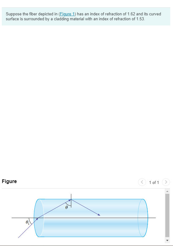 Suppose the fiber depicted in (Figure 1) has an index of refraction of 1.62 and its curved
surface is surrounded by a cladding material with an index of refraction of 1.53.
Figure
0₂
1 of 1
#1