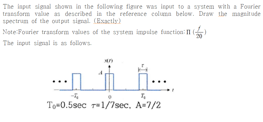 The input signal shown in the following figure was input to a system with a Fourier
the magnitude
transform value as described in the reference column below. Draw
spectrum of the output signal. (Exactly)
Note: Fourier transform values of the system impulse function: II (- -)
20
The input signal is as follows.
-To
0
To
To 0.5sec T-1/7sec, A=7/2