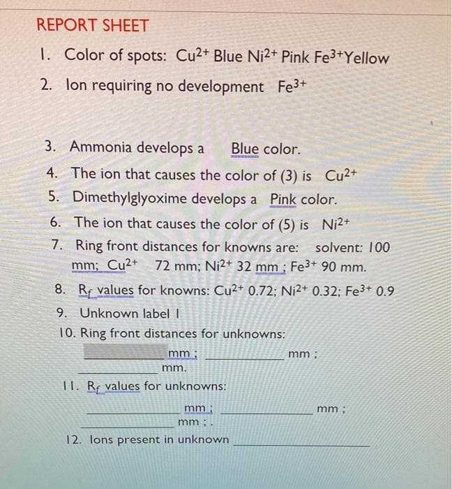 REPORT SHEET
1. Color of spots: Cu2+ Blue Ni2+ Pink Fe3+Yellow
2. lon requiring no development Fe³+
3. Ammonia develops a Blue color.
4. The ion that causes the color of (3) is Cu2+
Dimethylglyoxime develops a Pink color.
5.
6. The ion that causes the color of (5) is Ni²+
7. Ring front distances for knowns are: solvent: 100
mm; Cu2+ 72 mm; Ni2+ 32 mm; Fe³+ 90 mm.
8. Rf values for knowns: Cu2+ 0.72; Ni2+ 0.32; Fe3+ 0.9
9. Unknown label I
10. Ring front distances for unknowns:
mm;
mm.
11. Rf values for unknowns:
mm;
mm:.
12. Ions present in unknown
mm;
mm;