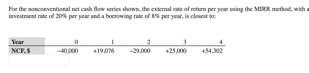 For the nonconventional net cash flow series shown, the external rate of return per year using the MIRR method, with a
investment rate of 20% per year and a borrowing rate of 8% per year, is closest to:
Year
0
1
2
3
4
NCF, $
-40,000
+19,076
-29,000
+25,000
+54,302