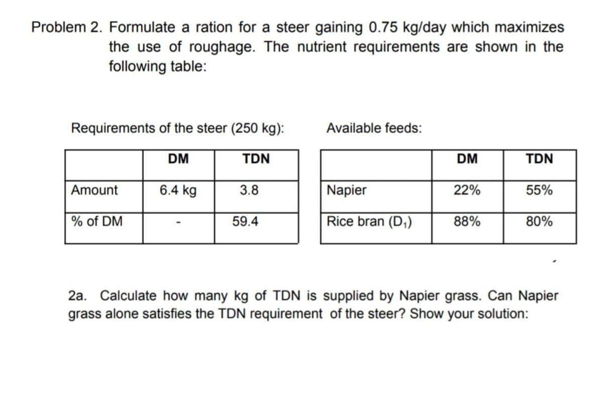 Problem 2. Formulate a ration for a steer gaining 0.75 kg/day which maximizes
the use of roughage. The nutrient requirements are shown in the
following table:
Requirements of the steer (250 kg):
Available feeds:
DM
TDN
DM
TDN
Amount
6.4 kg
3.8
Napier
22%
55%
% of DM
59.4
Rice bran (D,)
88%
80%
2a. Calculate how many kg of TDN is supplied by Napier grass. Can Napier
grass alone satisfies the TDN requirement of the steer? Show your solution:
