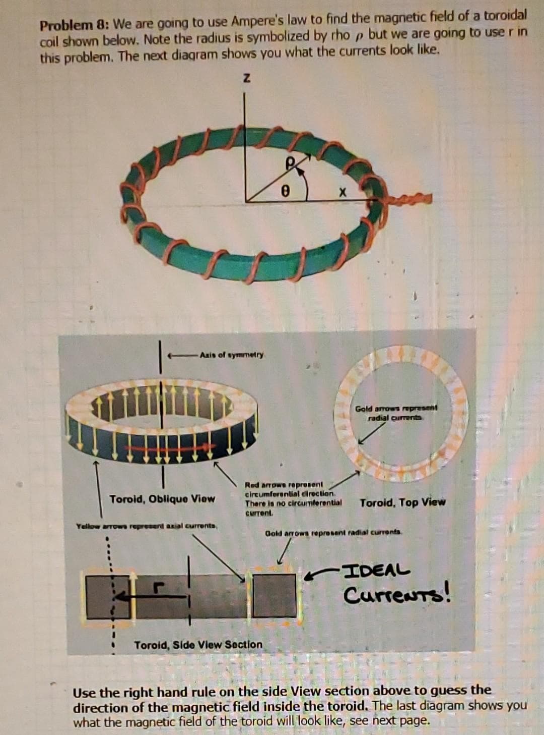 Problem 8: We are going to use Ampere's law to find the magnetic field of a toroidal
coil shown below. Note the radius is symbolized by rho p but we are going to use r in
this problem. The next diagram shows you what the currents look like.
Z
- Axis of symmetry
Toroid, Oblique View
Yellow arrows represent axial currents,
0
Toroid, Side View Section
Gold arrows represent
radial currents
Red arrows represent
circumferential direction.
There is no circumferential Toroid, Top View
current.
Gold arrows represent radial currents.
IDEAL
CurreNTS!
Use the right hand rule on the side View section above to guess the
direction of the magnetic field inside the toroid. The last diagram shows you
what the magnetic field of the toroid will look like, see next page.