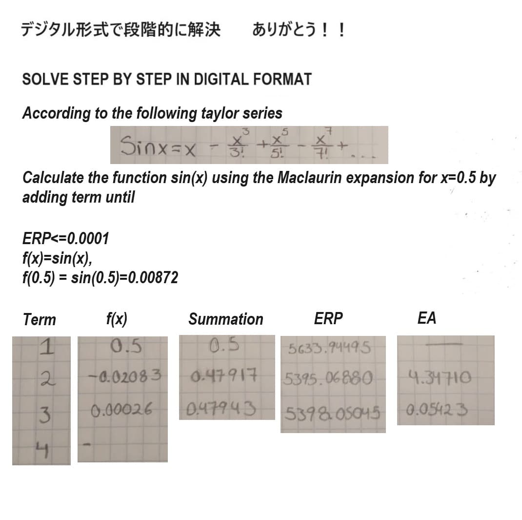 デジタル形式で段階的に解決
SOLVE STEP BY STEP IN DIGITAL FORMAT
According to the following taylor series
Sinx=x
-$+...
5
Calculate the function sin(x) using the Maclaurin expansion for x=0.5 by
adding term until
ERP<=0.0001
f(x)=sin(x),
f(0.5)=sin(0.5)=0.00872
Term
1
2
3
ありがとう!!
4
f(x)
Summation
0.5
0.5
-0.02083
0.47917
0.00026 0.47943
ERP
5633.94495
5395.06880
EA
4.34710
5398.05045 0.0542 3