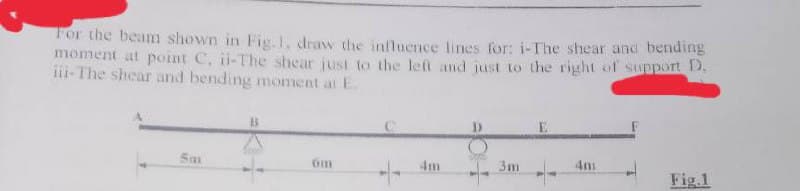 For the beam shown in Fig.1, draw the influence lines for: i-The shear and bending
moment at point C. ii-The shear just to the left and just to the right of support D.
iii-The shear and bending moment at E.
5m
om
3m
Fig.1