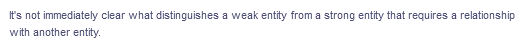 It's not immediately clear what distinguishes a weak entity from a strong entity that requires a relationship
with another entity.
