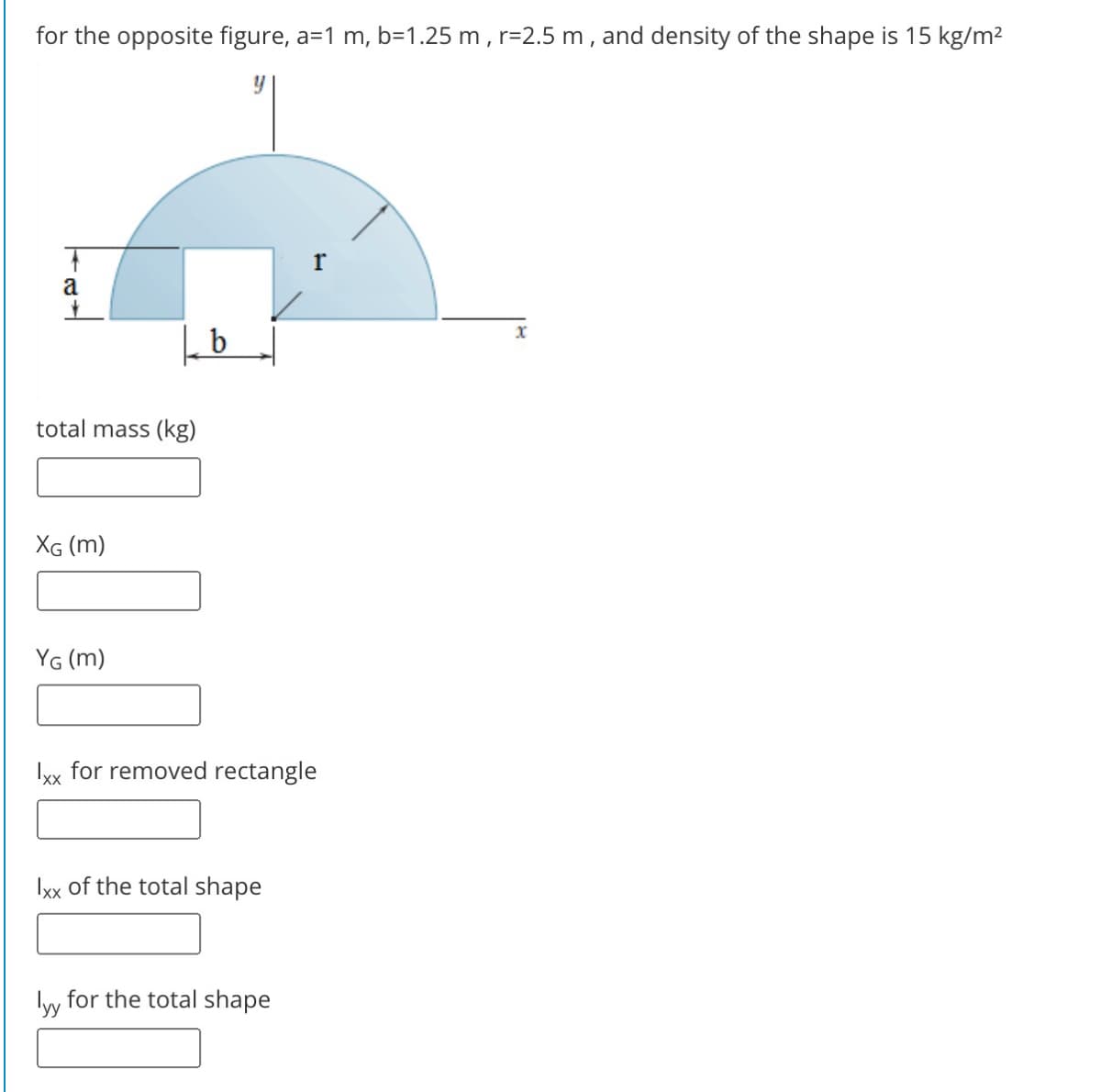 for the opposite figure, a=1 m, b=1.25 m , r=2.5 m, and density of the shape is 15 kg/m2
r
a
| b
total mass (kg)
XG (m)
YG (m)
Ixx for removed rectangle
Ixx of the total shape
Iw for the total shape
