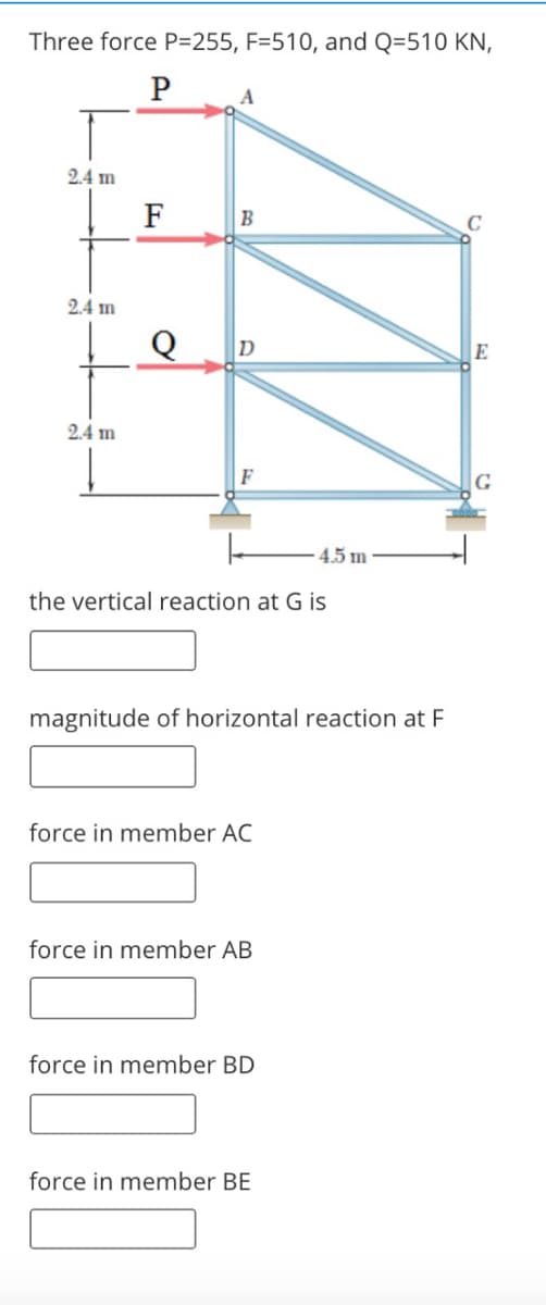 Three force P=255, F=510, and Q=510 KN,
P
A
2.4 m
F
2.4 m
Q
E
2.4 m
4.5 m
the vertical reaction at G is
magnitude of horizontal reaction at F
force in member AC
force in member AB
force in member BD
force in member BE
