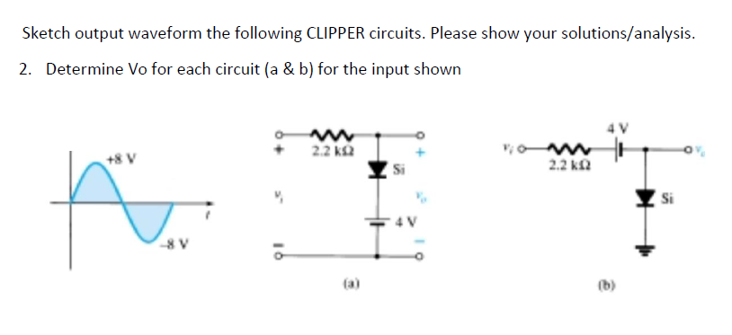 Sketch output waveform the following CLIPPER circuits. Please show your solutions/analysis.
2. Determine Vo for each circuit (a & b) for the input shown
4 V
2.2 ka
+8 V
2.2 ka
Si
(a)
(b)
