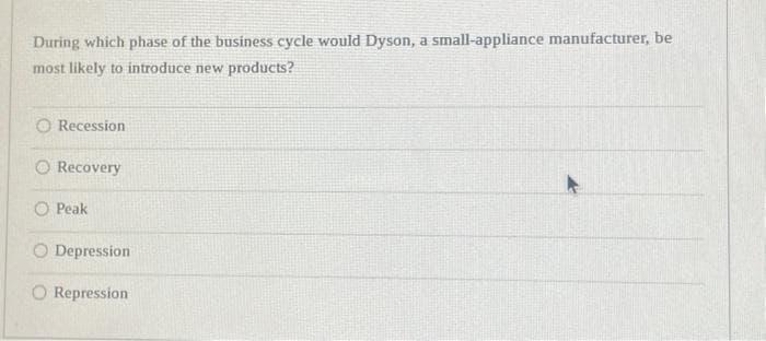 During which phase of the business cycle would Dyson, a small-appliance manufacturer, be
most likely to introduce new products?
O Recession
O Recovery
Peak
O Depression
O Repression