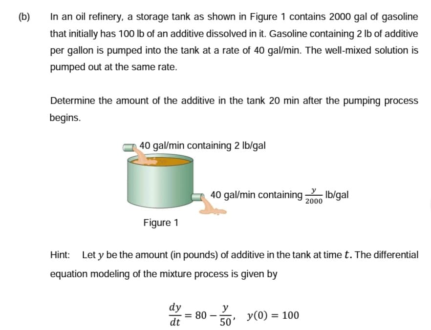 (b)
In an oil refinery, a storage tank as shown in Figure 1 contains 2000 gal of gasoline
that initially has 100 lb of an additive dissolved in it. Gasoline containing 2 lb of additive
per gallon is pumped into the tank at a rate of 40 gal/min. The well-mixed solution is
pumped out at the same rate.
Determine the amount of the additive in the tank 20 min after the pumping process
begins.
40 gal/min containing 2 lb/gal
40 gal/min containing
lb/gal
2000
Figure 1
Hint: Let y be the amount (in pounds) of additive in the tank at time t. The differential
equation modeling of the mixture process is given by
dy
dt
= 80-
y
50'
y(0) = 100