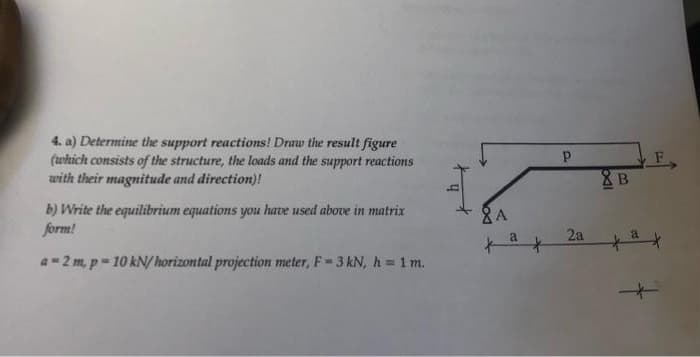 4. a) Determine the support reactions! Draw the result figure
(which consists of the structure, the loads and the support reactions
with their magnitude and direction)!
& B
b) Write the equilibrium equations you have used above in matrix
form!
2a
a=2 m, p 10 kN/ horizontal projection meter, F-3 kN, h = 1 m.
