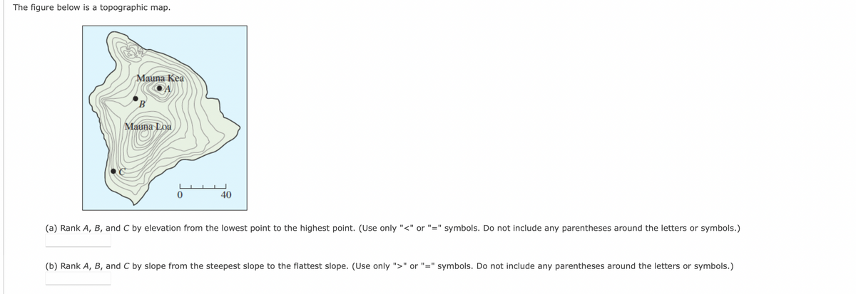 The figure below is a topographic map.
Mauna Kea
Mauna Loa
0
40
(a) Rank A, B, and C by elevation from the lowest point to the highest point. (Use only "<" or "=" symbols. Do not include any parentheses around the letters or symbols.)
(b) Rank A, B, and C by slope from the steepest slope to the flattest slope. (Use only ">" or "=" symbols. Do not include any parentheses around the letters or symbols.)