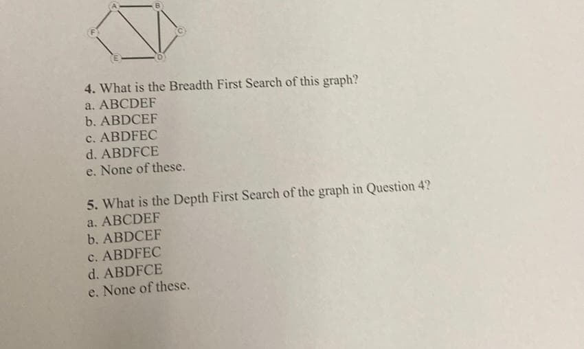 4. What is the Breadth First Search of this graph?
a. ABCDEF
b. ABDCEF
c. ABDFEC
d. ABDFCE
e. None of these.
5. What is the Depth First Search of the graph in Question 4?
a. ABCDEF
b. ABDCEF
c. ABDFEC
d. ABDFCE
e. None of these.