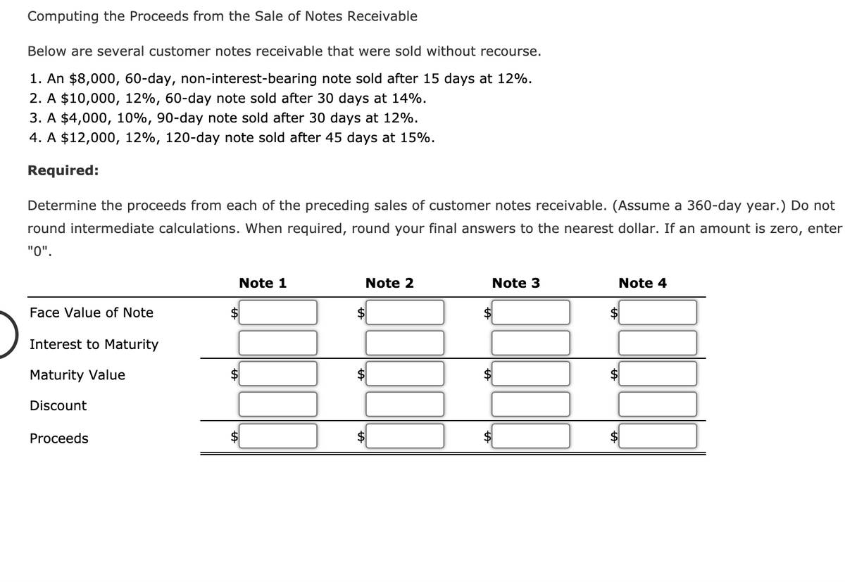 Computing the Proceeds from the Sale of Notes Receivable
Below are several customer notes receivable that were sold without recourse.
1. An $8,000, 60-day, non-interest-bearing note sold after 15 days at 12%.
2. A $10,000, 12%, 60-day note sold after 30 days at 14%.
3. A $4,000, 10%, 90-day note sold after 30 days at 12%.
4. A $12,000, 12%, 120-day note sold after 45 days at 15%.
Required:
Determine the proceeds from each of the preceding sales of customer notes receivable. (Assume a 360-day year.) Do not
round intermediate calculations. When required, round your final answers to the nearest dollar. If an amount is zero, enter
"0".
Note 1
Note 2
Note 3
Note 4
Face Value of Note
$4
Interest to Maturity
Maturity Value
Discount
Proceeds
%24
%24
