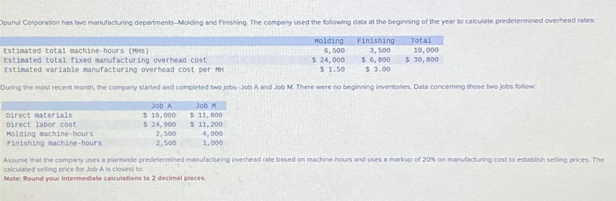 Opunul Corporation has two manufacturing departments-Molding and Finishing. The company used the following data at the beginning of the year to calculate predetermined overhead rates:
Estimated total machine-hours (MHS)
Estimated total fixed manufacturing overhead cost
Estimated variable manufacturing overhead cost per MH
Molding
6,500
$ 24,000
$ 1.50
Finishing
3,500
$ 6,800
$ 3.00
Total
10,000
$ 30,800
During the most recent month, the company started and completed two jobs-Job A and Job M. There were no beginning inventories. Data concerning those two jobs follow.
Direct materials
Direct labor cost
Molding machine-hours
Finishing machine-hours
Job A
$ 18,000
Job M
$ 11,800
$ 24,900
$ 11,200
2,500
2,500
4,000
1,000
Assume that the company uses a plantwide predetermined manufacturing overhead rate based on machine-hours and uses a markup of 20% on manufacturing cost to establish selling prices. The
calculated selling price for Job A is closest to:
Note: Round your Intermediate calculations to 2 decimal places.