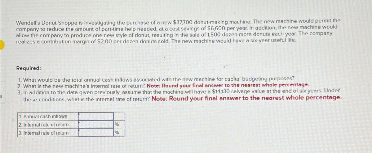 Wendell's Donut Shoppe is investigating the purchase of a new $37,700 donut-making machine. The new machine would permit the
company to reduce the amount of part-time help needed, at a cost savings of $6,600 per year. In addition, the new machine would
allow the company to produce one new style of donut, resulting in the sale of 1,500 dozen more donuts each year. The company
realizes a contribution margin of $2.00 per dozen donuts sold. The new machine would have a six-year useful life.
Required:
1. What would be the total annual cash inflows associated with the new machine for capital budgeting purposes?
2. What is the new machine's internal rate of return? Note: Round your final answer to the nearest whole percentage.
3. In addition to the data given previously, assume that the machine will have a $14,130 salvage value at the end of six years. Under
these conditions, what is the internal rate of return? Note: Round your final answer to the nearest whole percentage.
1. Annual cash inflows
12. Internal rate of return
%
3. Internal rate of return
%