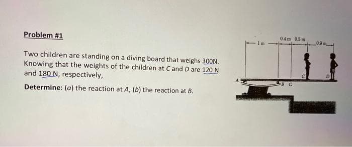 0.4 m 0.5 m
Problem #1
0.9m
1m
Two children are standing on a diving board that weighs 300N.
Knowing that the weights of the children at Cand D are 120 N
and 180 N, respectively,
Determine: (a) the reaction at A, (b) the reaction at B.
