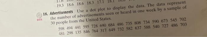 17.
19.3 18.6 18.6 18.3 17.1
18. Advertisements Use a dot plot to display the data. The data represent
the number of advertisements seen or heard in one week by a sample of
30 people from the United States.
598 494 441 595 728 690 684 486 735 808 734 590 673 545 702
481 298 135 846 764 317 649 732 582 637 588 540 727 486 703
DATA
