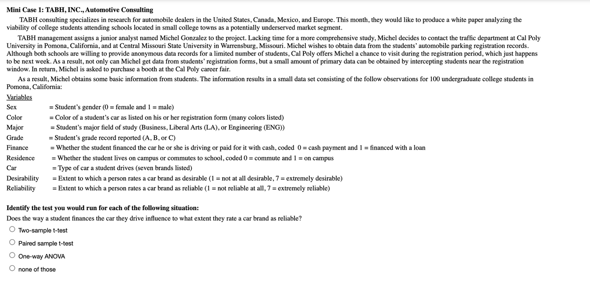 Mini Case 1: TABH, INC., Automotive Consulting
TABH consulting specializes in research for automobile dealers in the United States, Canada, Mexico, and Europe. This month, they would like to produce a white paper analyzing the
viability of college students attending schools located in small college towns as a potentially underserved market
segment.
TABH management assigns a junior analyst named Michel Gonzalez to the project. Lacking time for a more comprehensive study, Michel decides to contact the traffic department at Cal Poly
University in Pomona, California, and at Central Missouri State University in Warrensburg, Missouri. Michel wishes to obtain data from the students' automobile parking registration records.
Although both schools are willing to provide anonymous data records for a limited number of students, Cal Poly offers Michel a chance to visit during the registration period, which just happens
to be next week. As a result, not only can Michel get data from students' registration forms, but a small amount of primary data can be obtained by intercepting students near the registration
window. In return, Michel is asked to purchase a booth at the Cal Poly career fair.
As a result, Michel obtains some basic information from students. The information results in a small data set consisting of the follow observations for 100 undergraduate college students in
Pomona, California:
Variables
Sex
= Student's gender (0 = female and 1 = :
male)
Color
= Color of a student's car as listed on his or her registration form (many colors listed)
Major
= Student's major field of study (Business, Liberal Arts (LA), or Engineering (ENG))
Grade
= Student's grade record reported (A, B, or C)
Finance
= Whether the student financed the car he or she is driving or paid for it with cash, coded 0 = cash payment and 1 = financed with a loan
Residence
= Whether the student lives on campus or commutes to school, coded 0 = commute and 1 = on campus
Car
= Type of car a student drives (seven brands listed)
%3D
Desirability
= Extent to which a person rates a car brand as desirable (1 = not at all desirable, 7 = extremely desirable)
%3D
Reliability
= Extent to which a person rates a car brand as reliable (1 = not reliable at all, 7 = extremely reliable)
%3D
Identify the test you would run for each of the following situation:
Does the way a student finances the car they drive influence to what extent they rate a car brand as reliable?
Two-sample t-test
Paired sample t-test
One-way ANOVA
none of those
