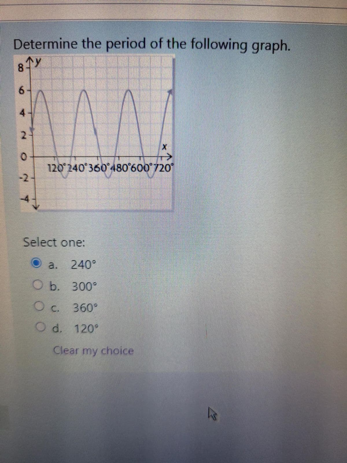 Determine the period of the following graph.
6.
4
2.
120 240 360480 600 720"
-2-
Select one:
a.
240
O b. 300°
Oc.
360*
120*
Clear my choice
