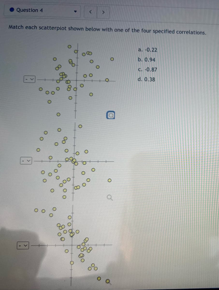 Question 4
Match each scatterplot shown below with one of the four specified correlations.
O
O
00
00
O
8
O
O
O
Pos
O
O
9% o
00
o a
09 0,0
O
b
O
O
O
00
O
O
O
og
O
>
00
O
O
O
a. -0.22
b. 0.94
C. -0.87
d. 0.38