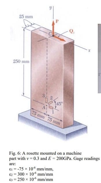 25 mm
250 mm
2
Ai
75 mm 75 mm
45°
Fig. 6: A rosette mounted on a machine
part with v=0.3 and E = 200GPa. Gage readings
are:
E1 = -75 x 10
mm/mm,
82 300 x 10
mm/mm
83 = 250 × 106 mm/mm