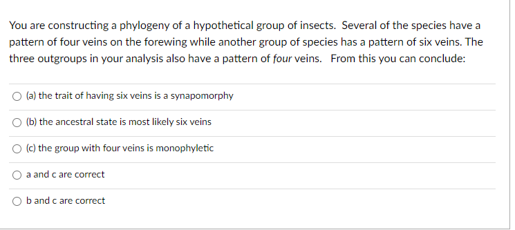 You are constructing a phylogeny of a hypothetical group of insects. Several of the species have a
pattern of four veins on the forewing while another group of species has a pattern of six veins. The
three outgroups in your analysis also have a pattern of four veins. From this you can conclude:
(a) the trait of having six veins is a synapomorphy
(b) the ancestral state is most likely six veins
(c) the group with four veins is monophyletic
a and c are correct
b and c are correct