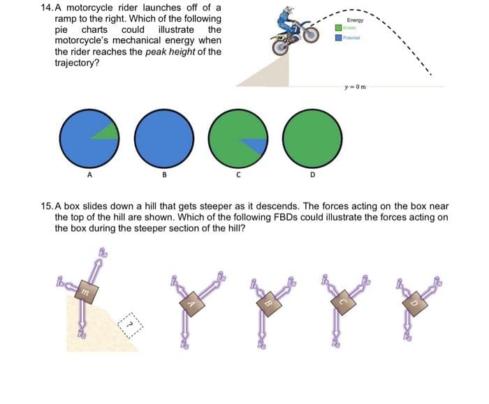 14. A motorcycle rider launches off of a
ramp to the right. Which of the following
pie charts could illustrate the
motorcycle's mechanical energy when
the rider reaches the peak height of the
trajectory?
B
bm
Energy
y=0m
15. A box slides down a hill that gets steeper as it descends. The forces acting on the box near
the top of the hill are shown. Which of the following FBDs could illustrate the forces acting on
the box during the steeper section of the hill?