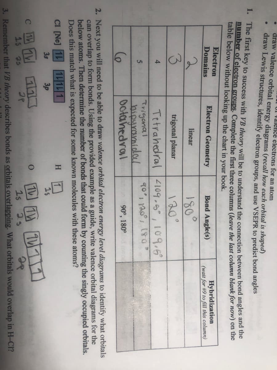 I UI valenčé electrons for an atom
draw valence orbital energy diagrams (recall how each orbital is shaped)
draw Lewis structures, identify electron groups, and use VSEPR to predict bond angles
1. The first key to success with VB theory will be to understand the connection between bond angles and une
number of electron groups. Complete the first three columns (leave the last column blank for now) 0n the
table below without looking up the chart in your book.
Electron
Hybridization
(wait for #9 to fill this column)
Domains
Electron Geometry
Bond Angle(s)
180°
120°
linear
3.
trigonal planar
Tetrahedral 2109.g" ,!09.6°
Trigenal
hipyramidal
Dotahedral
4
90°, 120°, 180
90°, 180°
2. Next you will need to be able to draw valence orbital electron energy level diagrams to identify what orbitals
can overlap to form bonds. Using the provided example as a guide, write valence orbital diagrams for the
below atoms. Then determine the number of bonds that could form by counting the singly occupied orbitals.
Does this match what is expected for some known molecules with these atoms?
CI [Ne] 11 1411
3p
H
3s
1s
15
25
1s
25
3. Remember that VB theory describes bonds as orbitals overlapping. What orbitals would overlap in H-Cl?
