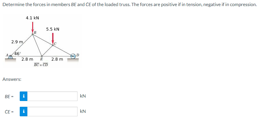 Determine the forces in members BE and CE of the loaded truss. The forces are positive if in tension, negative if in compression.
A,
2.9 m
4.1 KN
XT
5.5 KN
B
BE =
CE=
46°
Answers:
2.8 m
i
i
E
BC=CD
с
2.8 m
D
kN
KN