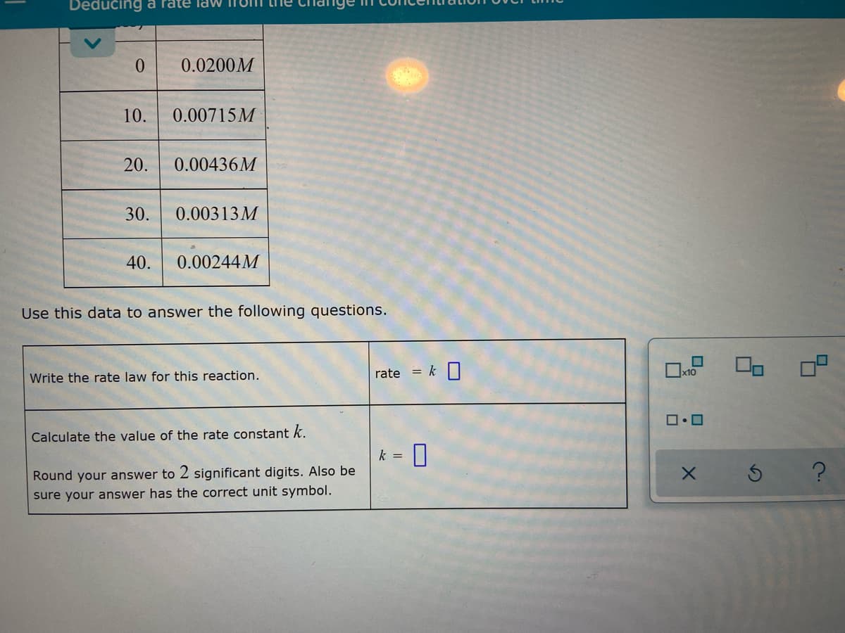 Deducing a rate law from the
0
0.0200M
10. 0.00715M
20.
0.00436M
0.00313M
40.
0.00244M
Use this data to answer the following questions.
Write the rate law for this reaction.
rate
Calculate the value of the rate constant k.
k =
Round your answer to 2 significant digits. Also be
sure your answer has the correct unit symbol.
30.
k 0
x10
ロ・ロ
X
00
4
?