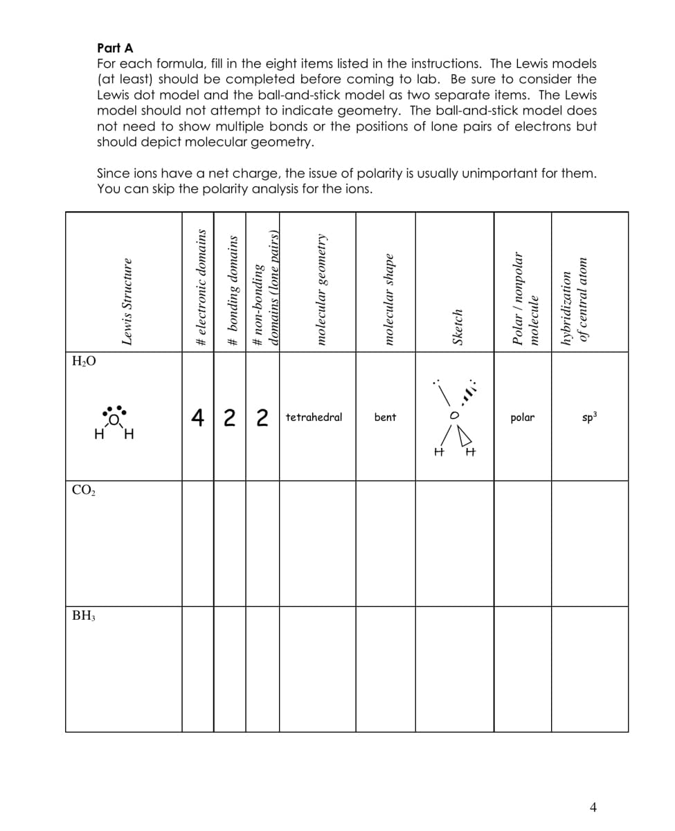 Part A
For each formula, fill in the eight items listed in the instructions. The Lewis models
(at least) should be completed before coming to lab. Be sure to consider the
Lewis dot model and the ball-and-stick model as two separate items. The Lewis
model should not attempt to indicate geometry. The ball-and-stick model does
not need to show multiple bonds or the positions of lone pairs of electrons but
should depict molecular geometry.
Since ions have a net charge, the issue of polarity is usually unimportant for them.
You can skip the polarity analysis for the ions.
H20
4|2|2 tetrahedral
bent
polar
sp3
нн
CO2
BH3
4
