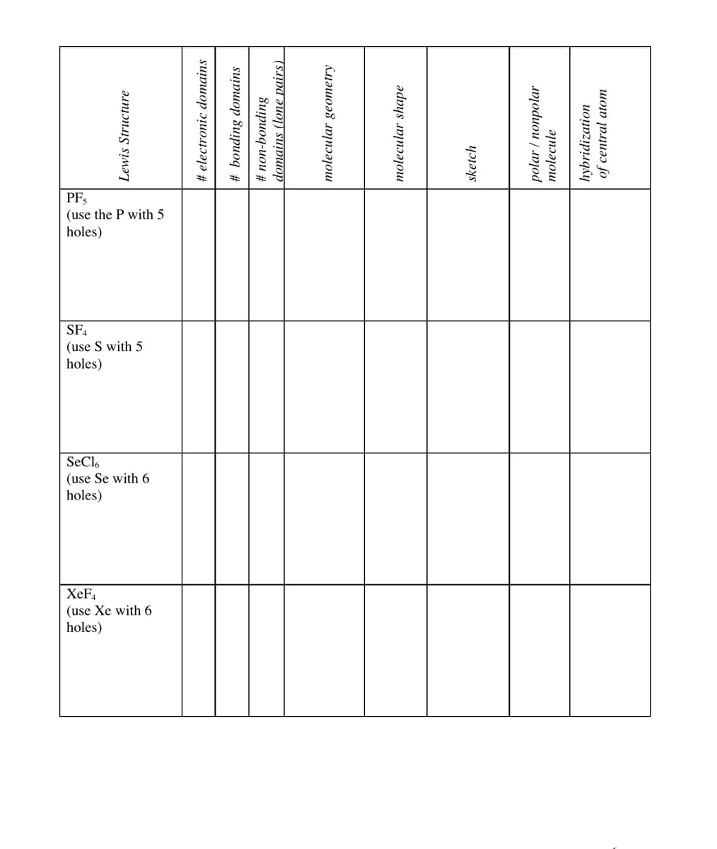 PF
(use the P with 5
holes)
SF,
(use S with 5
holes)
Lewis Structure
# electronic domains
# bonding domains
# non-bonding
domains (lone pairs)
molecular geometry
molecular shape
sketch
polar / nonpolar
molecule
hybridization
of central atom
