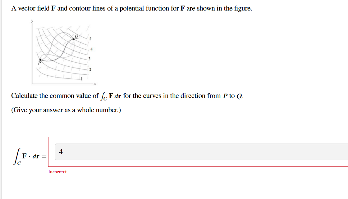 A vector field F and contour lines of a potential function for F are shown in the figure.
Calculate the common value of F dr for the curves in the direction from P to Q.
(Give your answer as a whole number.)
/F.
F. dr =
4
0
Incorrect