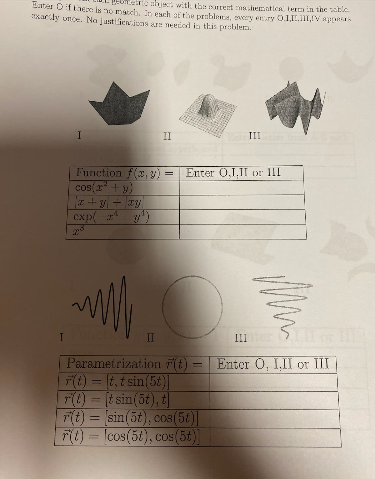 geometric object with the correct mathematical term in the table.
Enter O if there is no match. In each of the problems, every entry O,I,II,III, IV appears
exactly once. No justifications are needed in this problem.
I
I
Function f(x,y)
cos(x² + y)
x + y + xy
exp(-x-4)
x³
ancti
II
II
=
Enter O,I,II or III
Parametrization r(t)
r(t) = [t, tsin(5t)]
r(t) = [t sin(5t), t
r(t) = [sin(5t), cos(5t)
r(t) = [cos(5t), cos (5t)
III
=
ми
III
Enter O, I,II or III