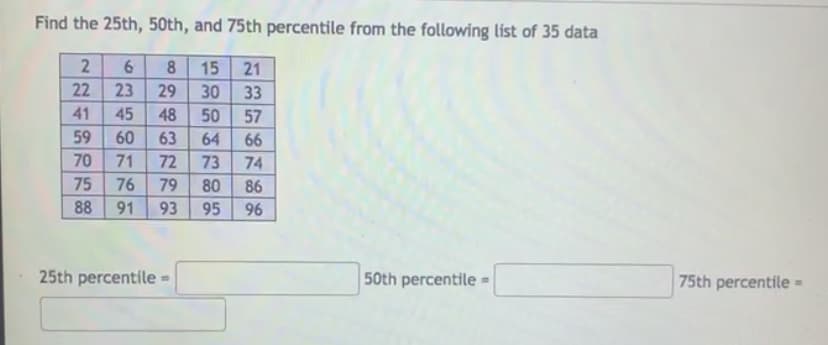 Find the 25th, 50th, and 75th percentile from the following list of 35 data
6 8
15 21
29 30 33
48 50 57
64 66
63
72 73 74
80 86
95
96
50th percentile =
2 22 41 59 70 75 88
23
45
60
71
76 79
91 93
25th percentile =
75th percentile
=