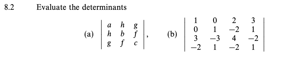 8.2
Evaluate the determinants
a
g
b f
C
g f
(b)
1
0
3
-2
2
-2
4
1 -2
0
1
-3
-1-w