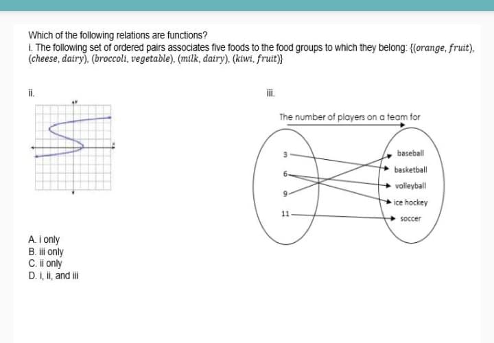 Which of the following relations are functions?
i.The following set of ordered pairs associates five foods to the food groups to which they belong: {(orange, fruit),
(cheese, dairy), (broccoli, vegetable). (milk, dairy), (kiwi, fruit)}
i.
The number of players on a team for
baseball
basketball
volleyball
ice hockey
11
soccer
A. i only
B. i only
C. i only
D. i, i, and i
