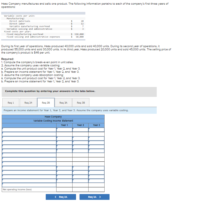 Hoss Company masnufsctures and sells one product. The following information pertsins to esch of the company's first three years of
operations:
Variable costs per unit:
Manufacturing:
Direct materials
20
Direct labor
12
Variable nanufacturing overhead
Variable selling and administrative
Fixed costs per year:
Fixed manufacturing overhead
Fixed selling and adrinistrative expenses
$ 110,000
5e,000
During its first year of operations, Has produced 40,000 units and sold 40,000 units. During its second year of operations, it
produced 55,000 units and sold 30,000 units. In its third year, Hess produced 20,000 units and sold 45,000 units. The selling price of
the company's product is $46 per unit.
Required:
1. Compute the company's break-even point in unit sales.
2. Assume the company uses variable costing:
a. Compute the unit product cost for Year 1, Year 2, and Year 3.
b. Prepore on income statement for Year 1, Yeor 2, and Year 3.
3. Assume the company uses absorption costing:
a. Compute the unit product cost for Year 1, Year 2, and Year 3.
b. Prepore an income statement for Year 1, Year 2, and Year 3.
Complete this question by entering your answers in the tabs below.
Req 1
Req 2A
Req 28
Req 3A
Req 38
Prepare an income statement for Year 1, Year 2, and Year 3. Assume the company uses variable costing.
Наав Сompany
Varlable Costing Income statement
Year 1
Year 2
Year 3
Net aperating income (lass)
< Req 2A
Req 3A >
