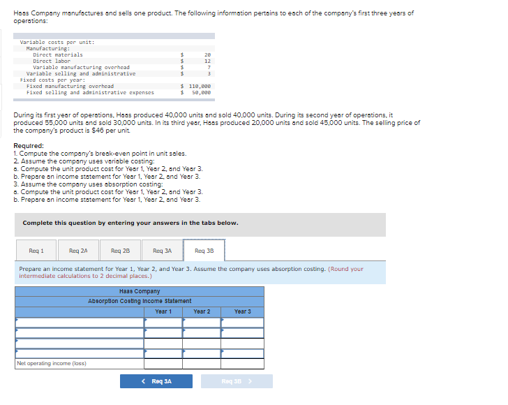 Hoss Company manufectures and sells one product. The following information pertains to each of the company's first three years of
operations:
Variable costs per unit:
Manufacturing:
Direct materials
Direct labor
Variable nanufacturing overhead
Variable selling and administrative
Fixed costs per year:
Fixed manufacturing overhead
Fixed selling and adninistrative expenses
24
24
24
20
12
7
$ 110,000
$ 58,800
During its first year of operations, Hass produced 40,000 units and sold 40,000 units. During its second year of operations, it
produced 55,000 units and sold 30,000 units. In its third yesr, Hass produced 20,000 units and sold 45,00 units. The selling price of
the company's product is $46 per unit.
Required:
1. Compute the company's break-even point in unit sales.
2. Assume the company uses variable costing:
a. Compute the unit product cost for Year 1, Year 2, and Year 3.
b. Prepore an income statement for Year 1, Year 2, and Year 3.
3. Assume the company uses absorption costing:
a. Compute the unit product cost for Year 1, Year 2, and Year 3.
b. Prepore an income statement for Year 1, Year 2, and Year 3.
Complete this question by entering your answers in the tabs below.
Req 1
Req 24
Req 28
Req 3A
Req 38
Prepare an income statement for Year 1, Year 2, and Year 3. Assume the company uses absorption costing. (Round your
intermediate calculations to 2 decimal places.)
Наав Сompany
Absorption Costing Income Statement
Year 1
Year 2
Year 3
Net aperating income (lass)
< Req SA
Req 38
