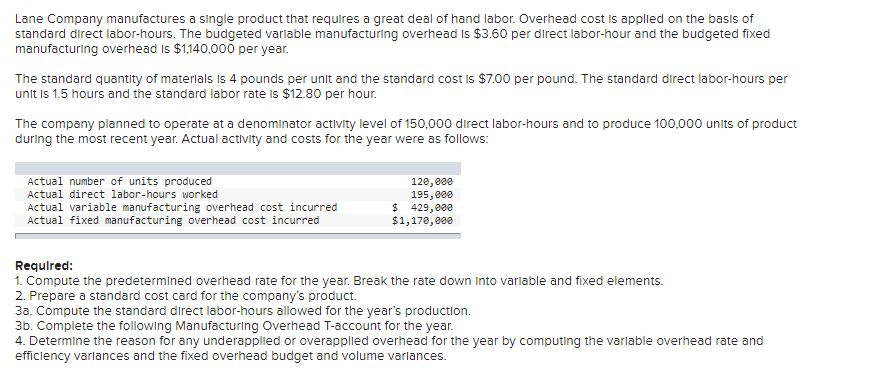Lane Company manufactures a single product that requires a great deal of hand labor. Overhead cost is applied on the basis of
standard direct labor-hours. The budgeted varlable manufacturing overhead Is $3.60 per direct labor-hour and the budgeted fixed
manufacturing overhead is $1,140,00õ per year.
The standard quantity of materlals is 4 pounds per unit and the standard cost is $7.00 per pound. The standard direct labor-hours per
unit is 1.5 hours and the standard labor rate is $12.80 per hour.
The company planned to operate at a denominator activity level of 150,000 direct labor-hours and to produce 100,000 units of product
during the most recent year. Actual activity and costs for the year were as follows:
Actual number of units produced
Actual direct labor-hours worked
120, eee
195,e00
$ 429, e00
$1,170,e00
Actual variable manufacturing overhead cost incurred
Actual fixed manufacturing overhead cost incurred
Requlred:
1. Compute the predetermined overhead rate for the year. Break the rate down Into variable and fixed elements.
2. Prepare a standard cost card for the company's product.
3a. Compute the standard direct labor-hours allowed for the year's productilon.
3b. Complete the following Manufacturing Overhead T-account for the year.
4. Determine the reason for any underapplied or overapplied overhead for the year by computing the varlable overhead rate and
efficlency varlances and the fixed overhead budget and volume varlances.
