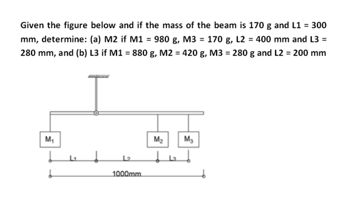 Given the figure below and if the mass of the beam is 170 g and L1 = 300
mm, determine: (a) M2 if M1 = 980 g, M3 = 170 g, L2 = 400 mm and L3 =
280 mm, and (b) L3 if M1 = 880 g, M2 = 420 g, M3 = 280 g and L2 = 200 mm
M,
M2
1000mm
