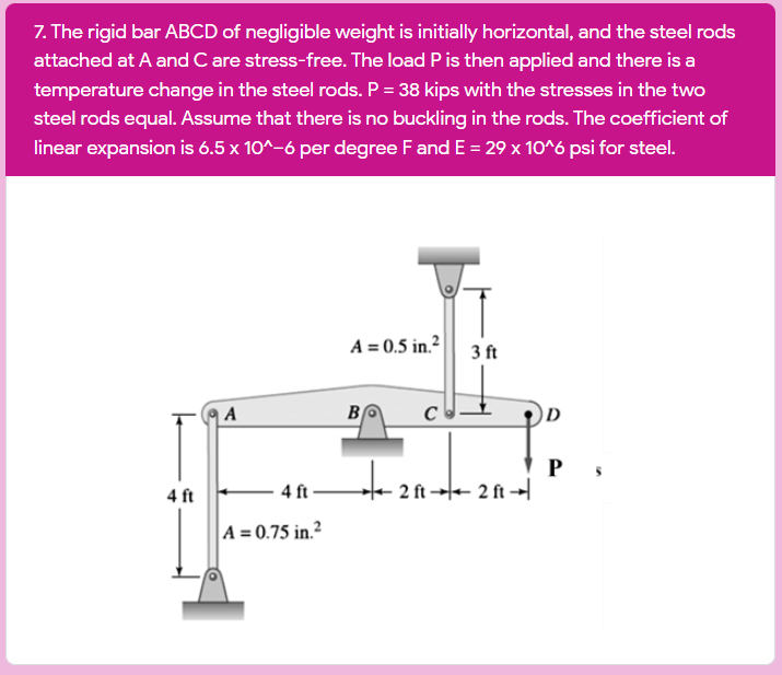 7. The rigid bar ABCD of negligible weight is initially horizontal, and the steel rods
attached at A and C are stress-free. The load Pis then applied and there is a
temperature change in the steel rods. P = 38 kips with the stresses in the two
steel rods equal. Assume that there is no buckling in the rods. The coefficient of
linear expansion is 6.5 x 10^-6 per degree F andE = 29 x 10^6 psi for steel.
A = 0.5 in.²
3 ft
| A
- 4 ft
te 2 ft→e 2 ft →
4 ft
A = 0.75 in.²
