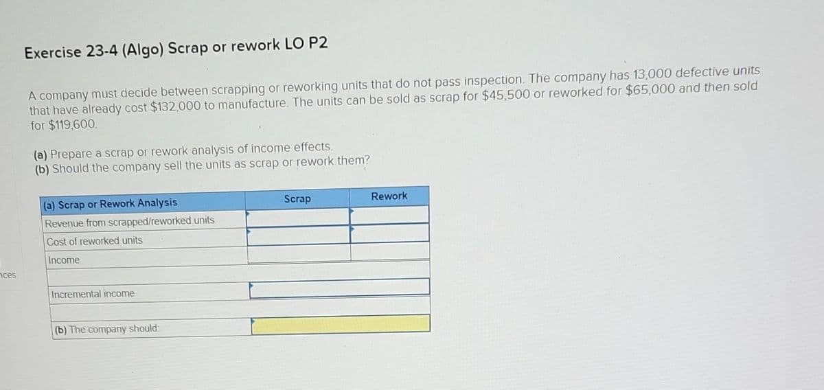 nces
Exercise 23-4 (Algo) Scrap or rework LO P2
A company must decide between scrapping or reworking units that do not pass inspection. The company has 13,000 defective units
that have already cost $132,000 to manufacture. The units can be sold as scrap for $45,500 or reworked for $65,000 and then sold
for $119,600.
(a) Prepare a scrap or rework analysis of income effects.
(b) Should the company sell the units as scrap or rework them?
(a) Scrap or Rework Analysis
Revenue from scrapped/reworked units
Cost of reworked units
Income
Incremental income
(b) The company should
Scrap
Rework