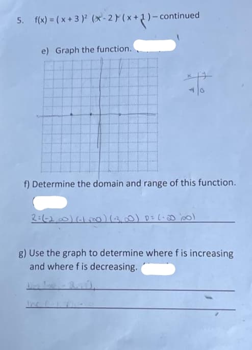 5. f(x) = (x+3)² (x-2)(x+1) - continued
e) Graph the function.
f) Determine the domain and range of this function.
2= (-2,00) (-1100) (-3,00) 0 = (-20 100)
g) Use the graph to determine where f is increasing
and where f is decreasing.