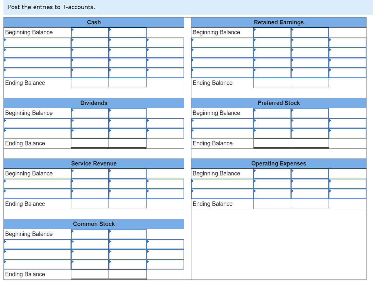 Post the entries to T-accounts.
Beginning Balance
Ending Balance
Beginning Balance
Ending Balance
Beginning Balance
Ending Balance
Beginning Balance
Ending Balance
Cash
Dividends
Service Revenue
Common Stock
Beginning Balance
Ending Balance
Beginning Balance
Ending Balance
Beginning Balance
Ending Balance
Retained Earnings
Preferred Stock
Operating Expenses