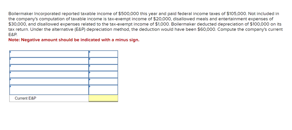 Boilermaker Incorporated reported taxable income of $500,000 this year and paid federal income taxes of $105,000. Not included in
the company's computation of taxable income is tax-exempt income of $20,000, disallowed meals and entertainment expenses of
$30,000, and disallowed expenses related to the tax-exempt income of $1,000. Boilermaker deducted depreciation of $100,000 on its
tax return. Under the alternative (E&P) depreciation method, the deduction would have been $60,000. Compute the company's current
E&P.
Note: Negative amount should be indicated with a minus sign.
Current E&P