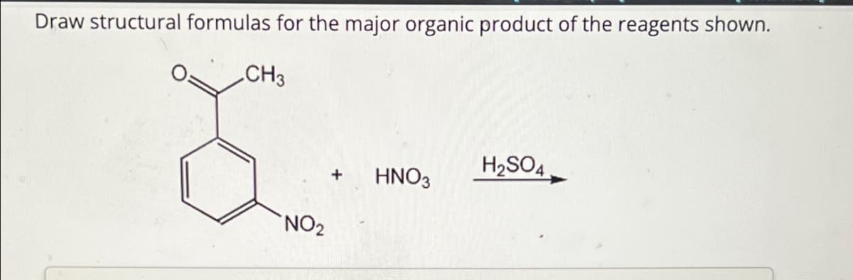 Draw structural formulas for the major organic product of the reagents shown.
CH3
NO2
H2SO4
+
HNO3