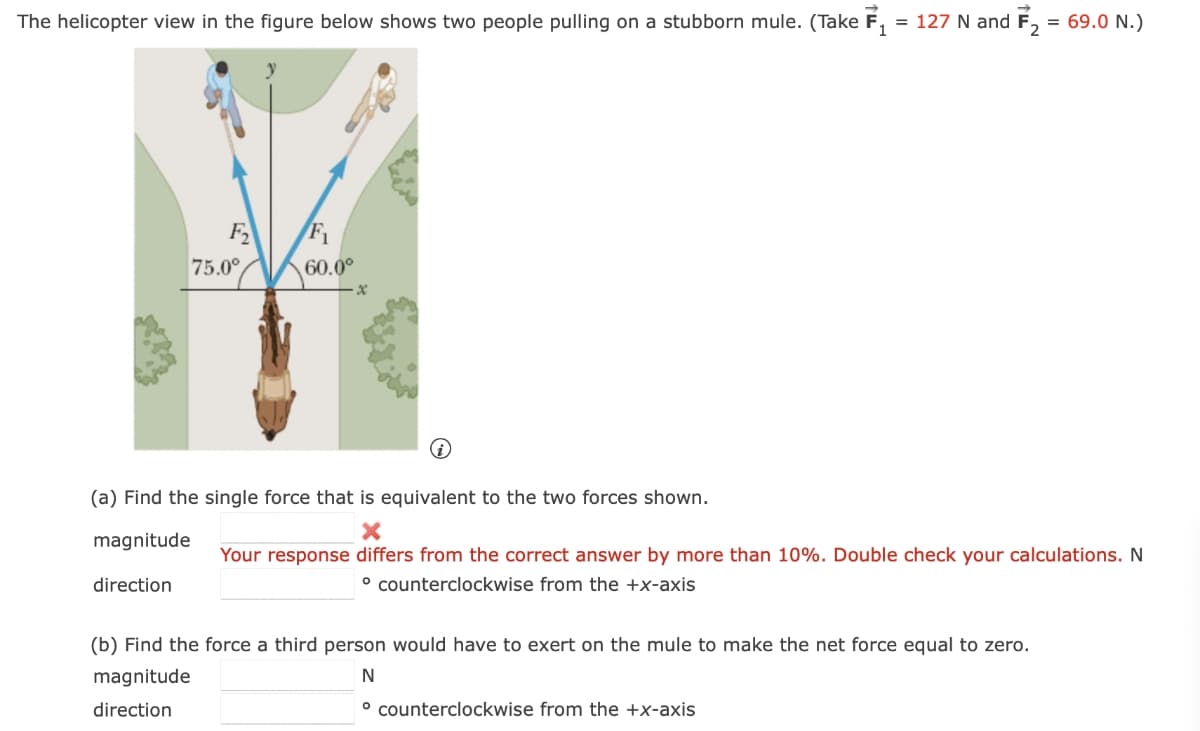 The helicopter view in the figure below shows two people pulling on a stubborn mule. (Take F₁ = 127 N and F₂ = 69.0 N.)
F₂
direction
75.00
60.0⁰
(a) Find the single force that is equivalent to the two forces shown.
X
magnitude
Your response differs from the correct answer by more than 10%. Double check your calculations. N
° counterclockwise from the +x-axis
(b) Find the force a third person would have to exert on the mule to make the net force equal to zero.
magnitude
N
direction
° counterclockwise from the +x-axis